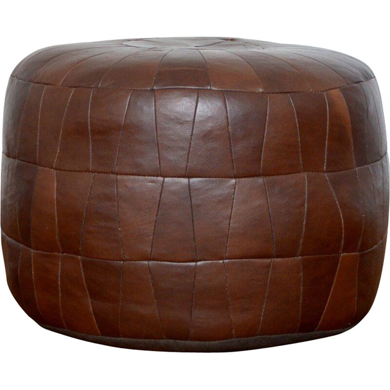 Vintage brown leather patchwork pouffe 1970s