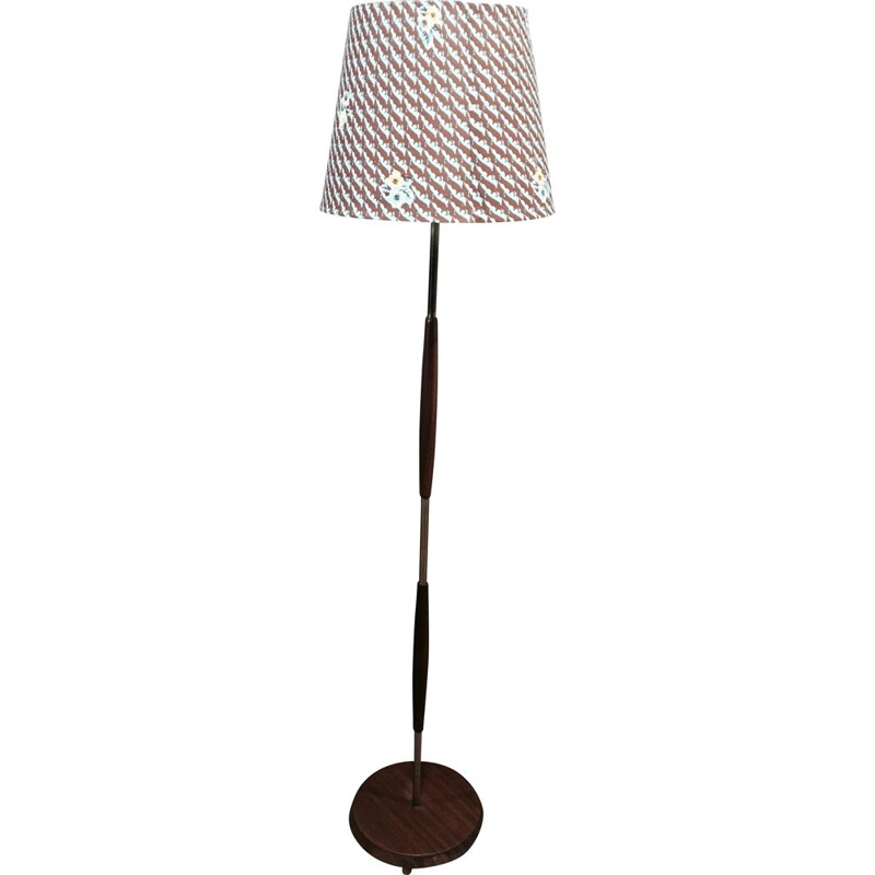 Vintage teak floor lamp Brass Scandinavian fabric 1950