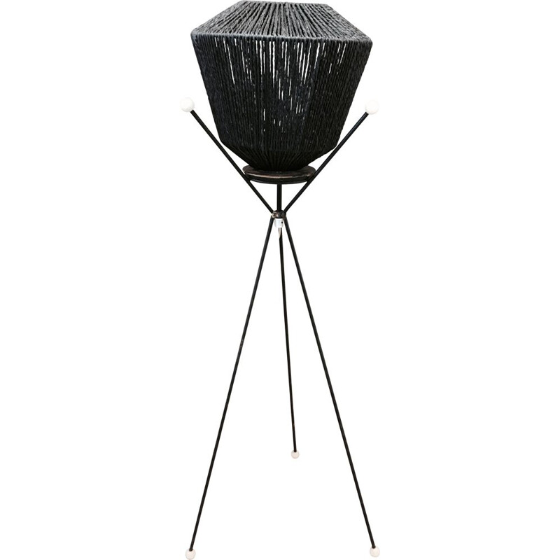 Vintage black tripod floor lamp Metal Cord Bakelite Design 1950