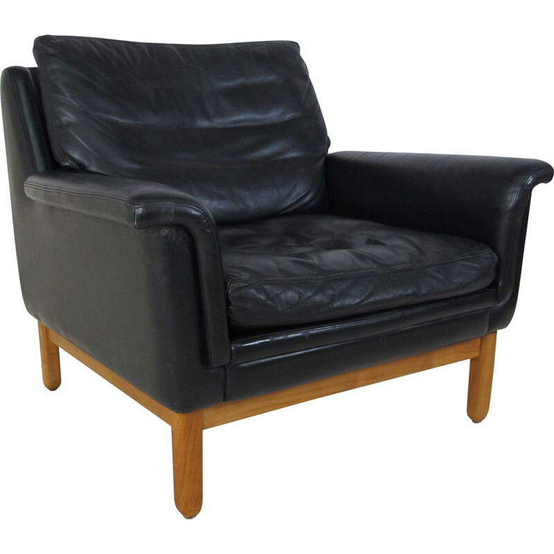 Scandinavian Teak and Black Leather Lounge Chair,Mid-Century 1950s