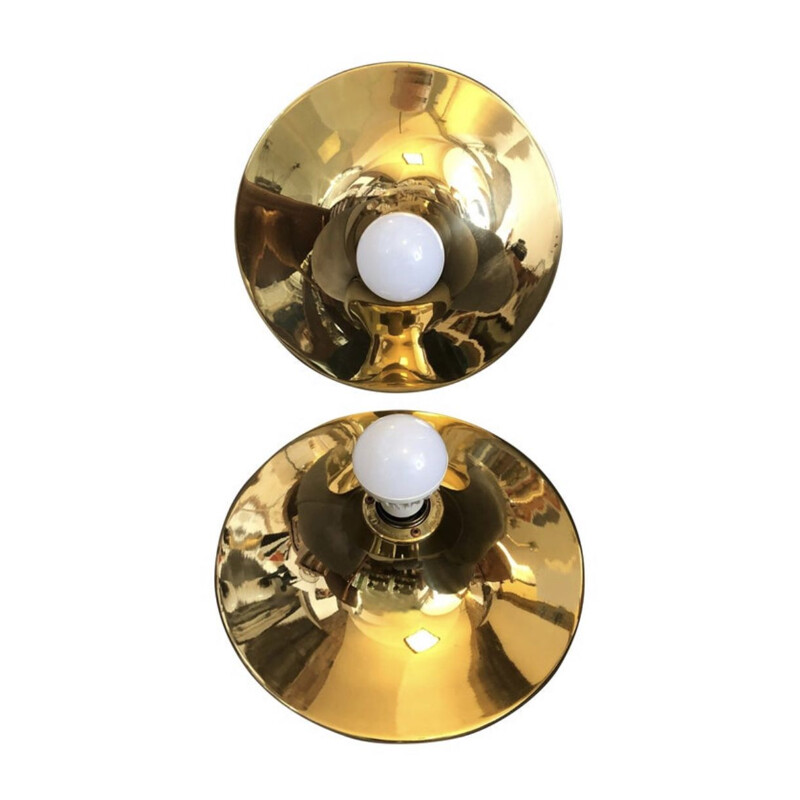 Set of 2 Mid-Century Modern Round Brass Italian Wall Lights, 1970