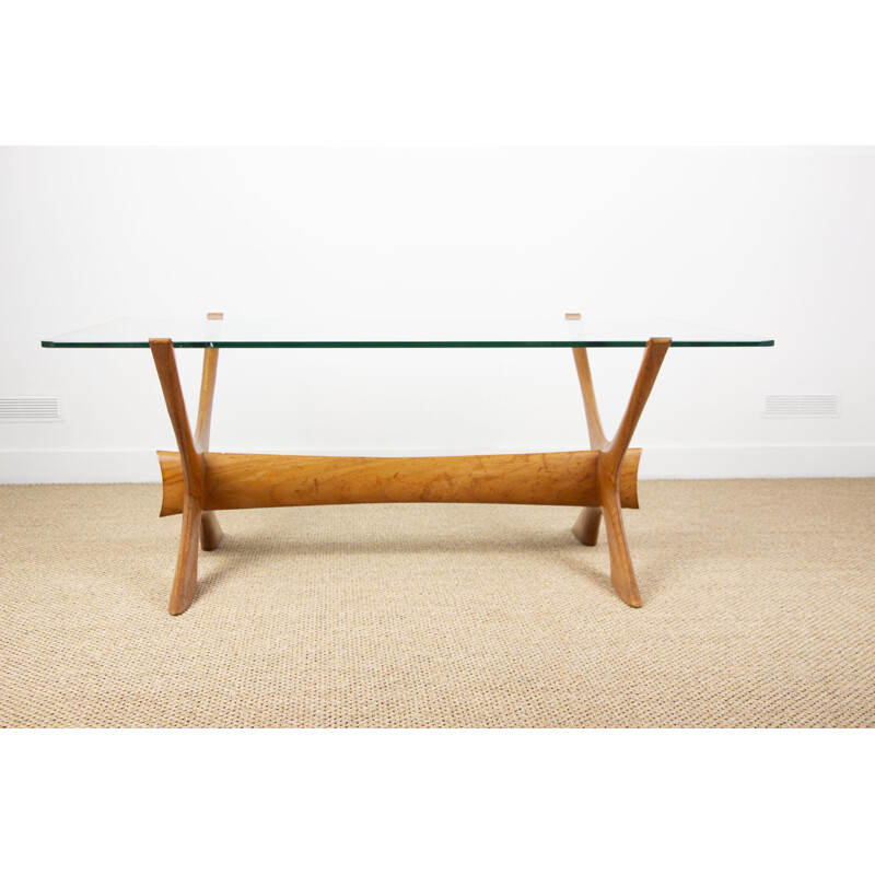 Vintage Danish coffee table in blond mahogany and glass by Illum Wikkelso 1960