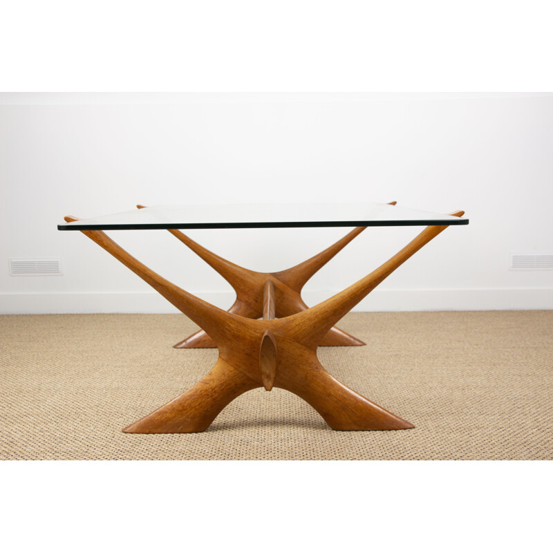 Vintage Danish coffee table in blond mahogany and glass by Illum Wikkelso 1960