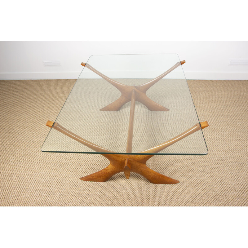 Vintage Danish coffee table in blond mahogany and glass by Illum Wikkelso 1960