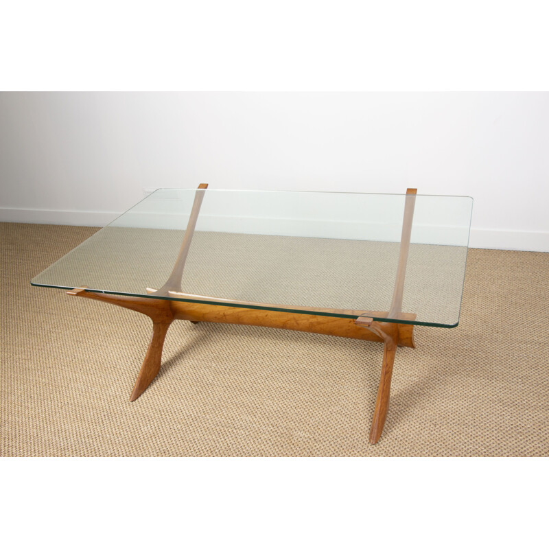 Vintage Danish coffee table in blond mahogany and glass by Illum Wikkelso 1960