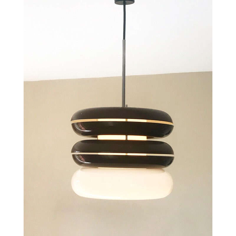 Chandelier Vintage Doria in brown lacquered aluminium and opaline 1970 
