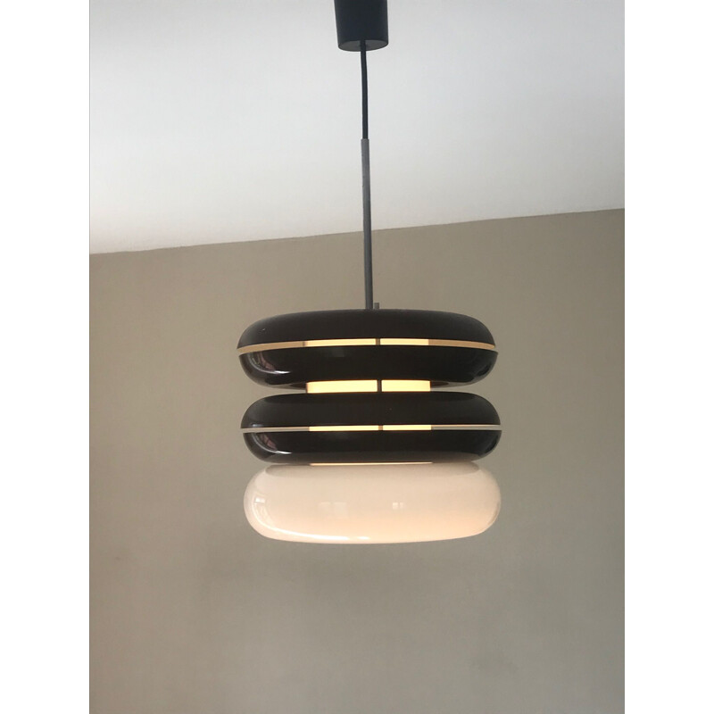Chandelier Vintage Doria in brown lacquered aluminium and opaline 1970 