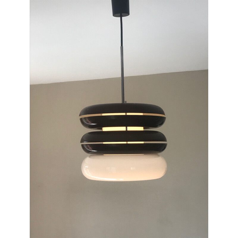 Lustre vintage Doria en aluminium laqué marron et opaline 1970 