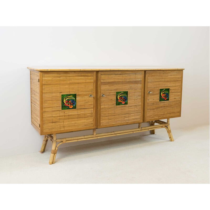 Vintage rattan sideboard, Vallauris checks, 1950