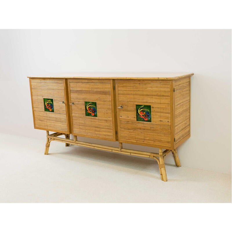 Vintage rattan sideboard, Vallauris checks, 1950