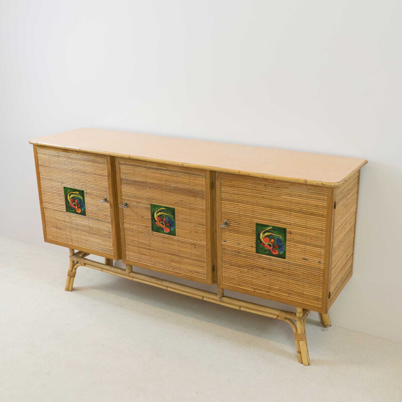 Vintage rattan sideboard, Vallauris checks, 1950