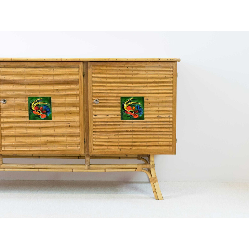 Vintage rattan sideboard, Vallauris checks, 1950