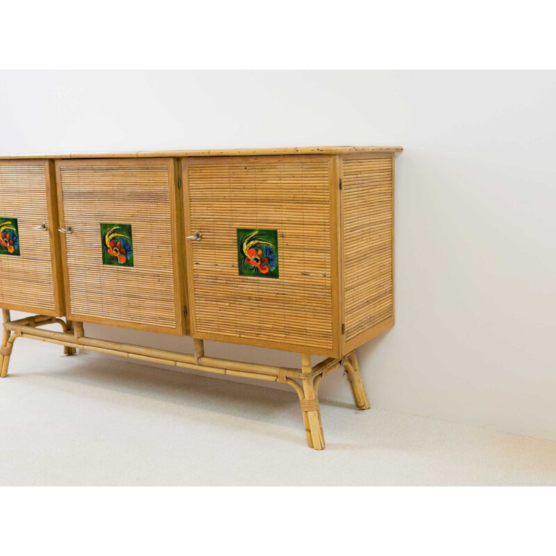 Vintage rattan sideboard, Vallauris checks, 1950