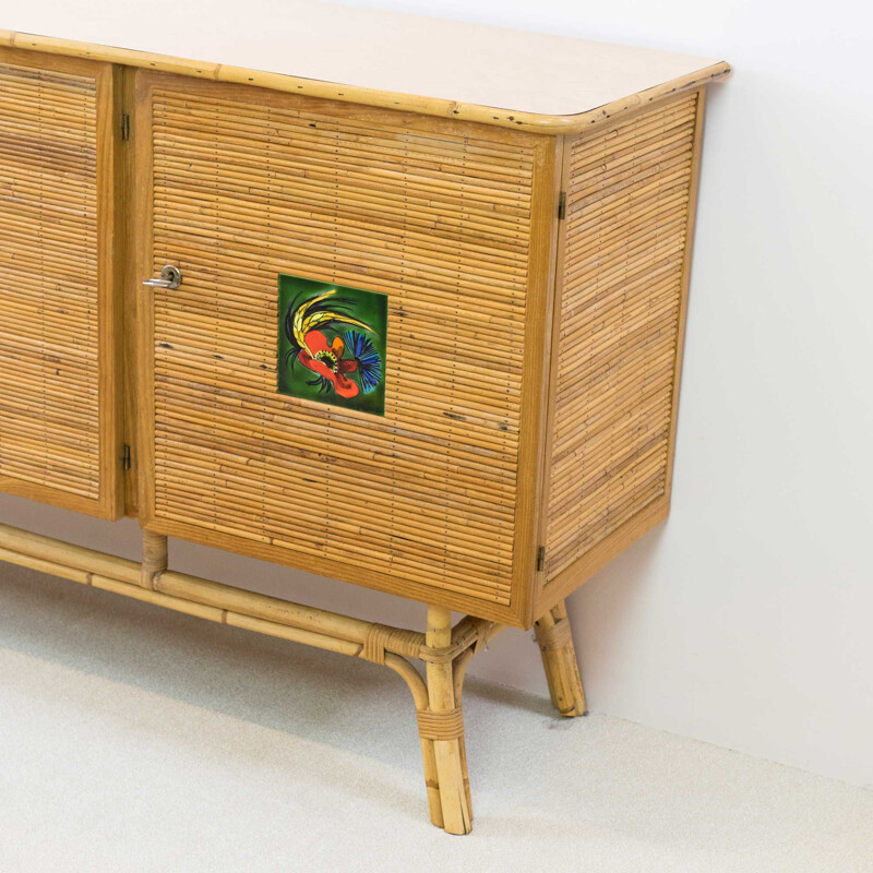 Vintage rattan sideboard, Vallauris checks, 1950