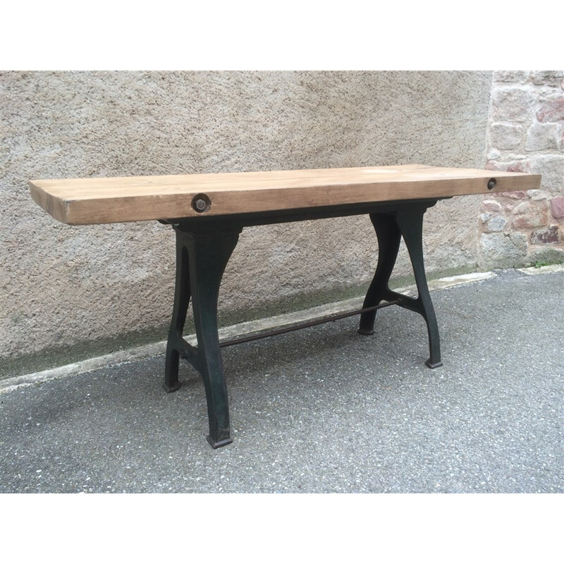 Vintage industrial workshop table with cast iron base, 1910