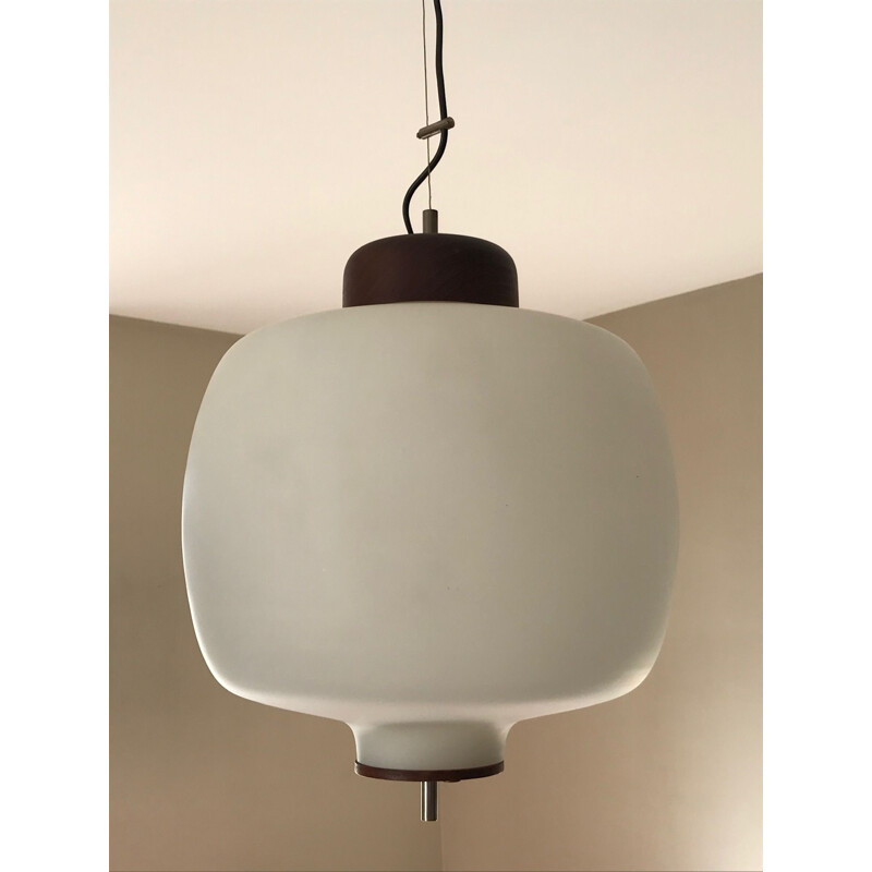 Vintage teak and opaline suspension lamp 1960 