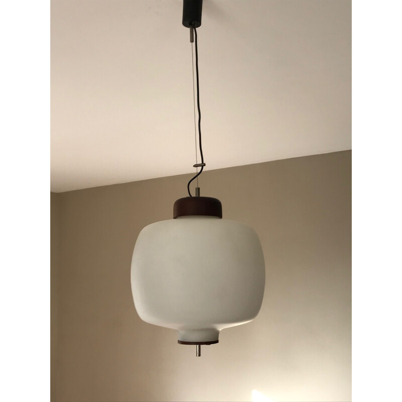 Vintage teak and opaline suspension lamp 1960 