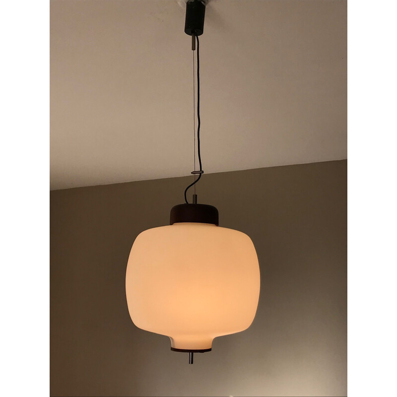 Vintage teak and opaline suspension lamp 1960 