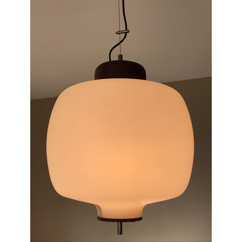 Vintage teak and opaline suspension lamp 1960 