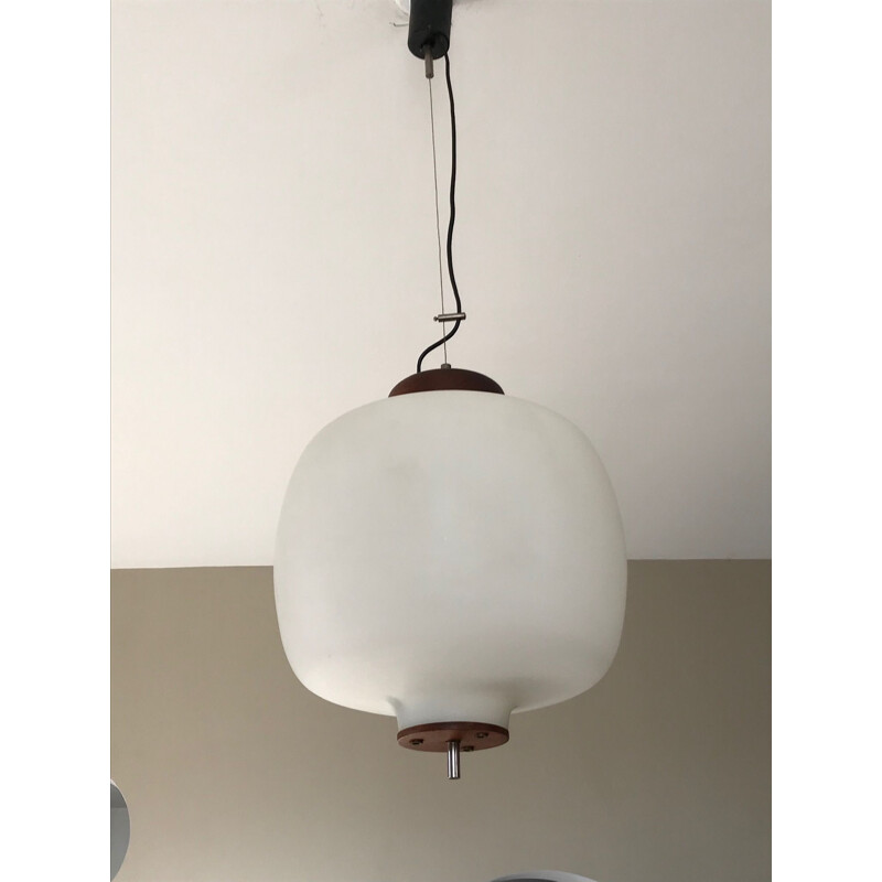 Vintage teak and opaline suspension lamp 1960 
