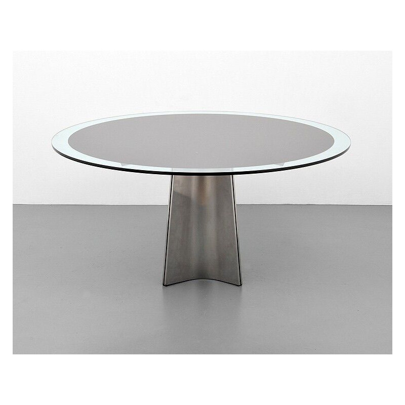 Vintage dining table in glass and brushed aluminium by Luigi Saccardo 1970