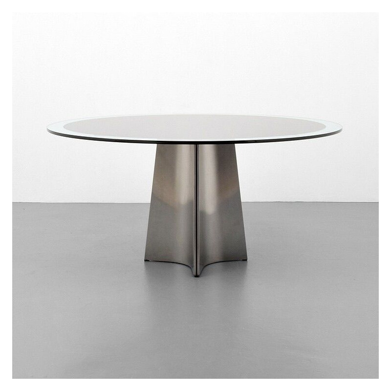 Vintage dining table in glass and brushed aluminium by Luigi Saccardo 1970