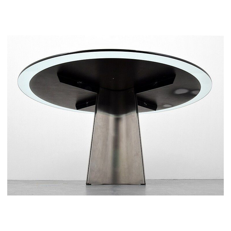 Vintage dining table in glass and brushed aluminium by Luigi Saccardo 1970