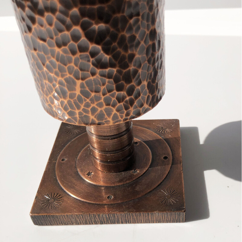Set of 3 brutalist hammered bronze soliflores vases. France 1970