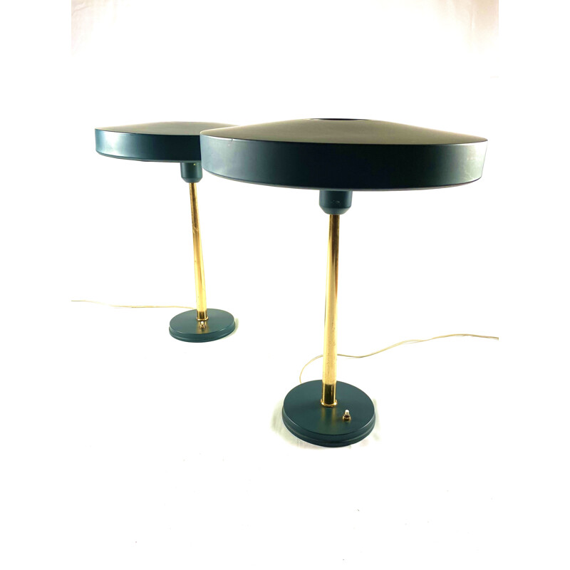 Pair of vintage brass lamp, dark green, Netherlands Louis Kalff, Philips 1950