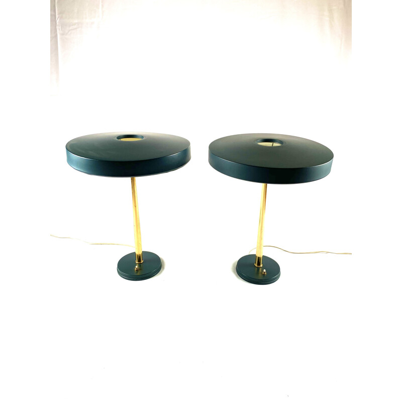 Pair of vintage brass lamp, dark green, Netherlands Louis Kalff, Philips 1950