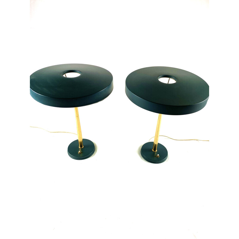 Pair of vintage brass lamp, dark green, Netherlands Louis Kalff, Philips 1950