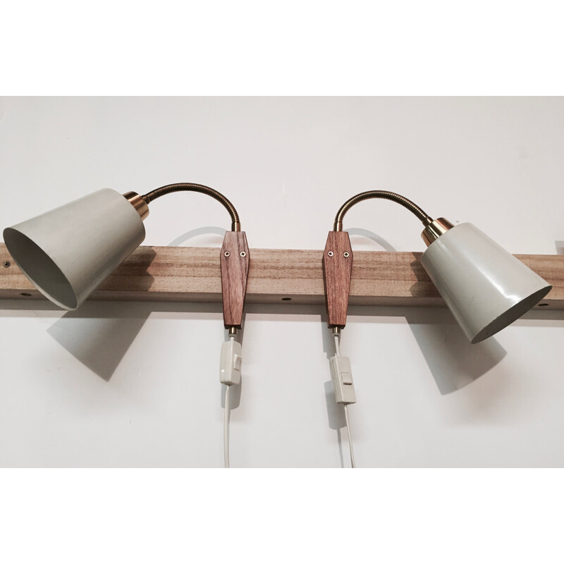 Pair of vintage teak and metal modular sconces Scandinavian design 1950s