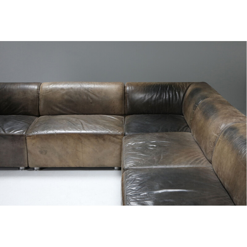 Sectional Corner Sofa in Patinated Leather, Durlet - 1980's
