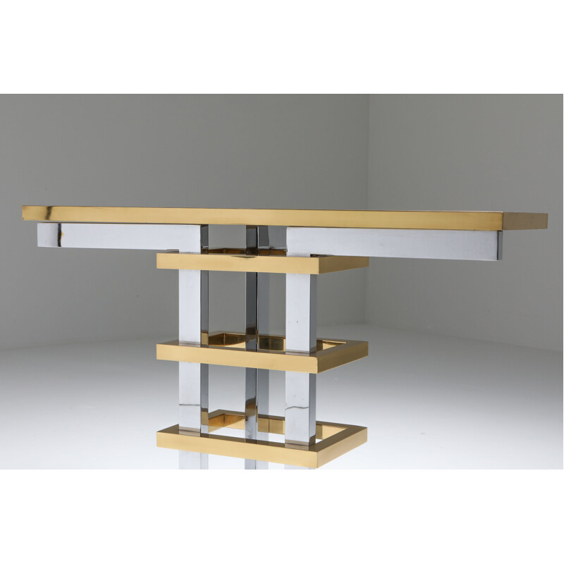 Vintage console table in brass and chrome with glass top Duchise 1970