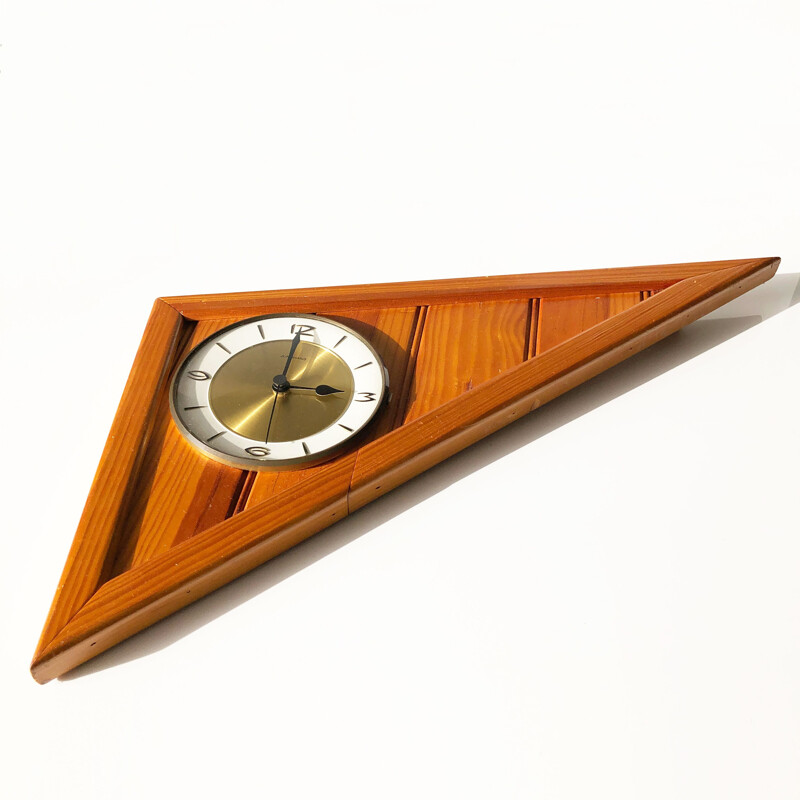 Reloj de pared vintage de madera, cristal y latón, Alemania 1960