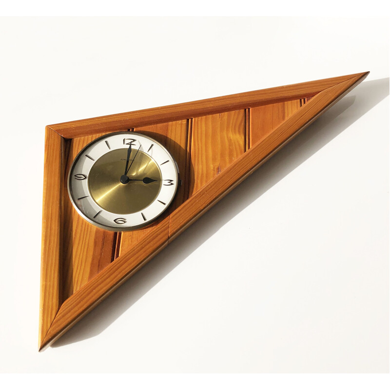 Vintage wall clock in wood, glass and brass, Germany 1960