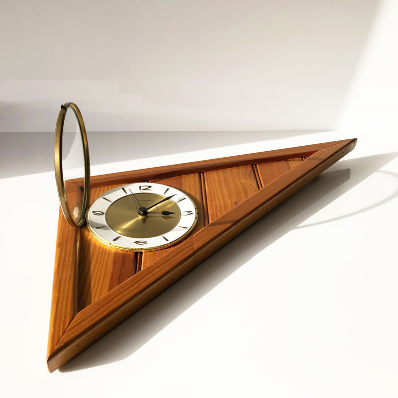 Vintage wall clock in wood, glass and brass, Germany 1960