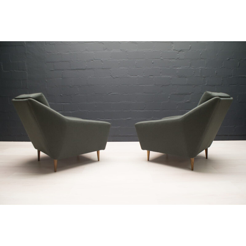 Pair of vintage wood and fabric armchairs by Eddie Harlis for Hans Kaufeld, 1960