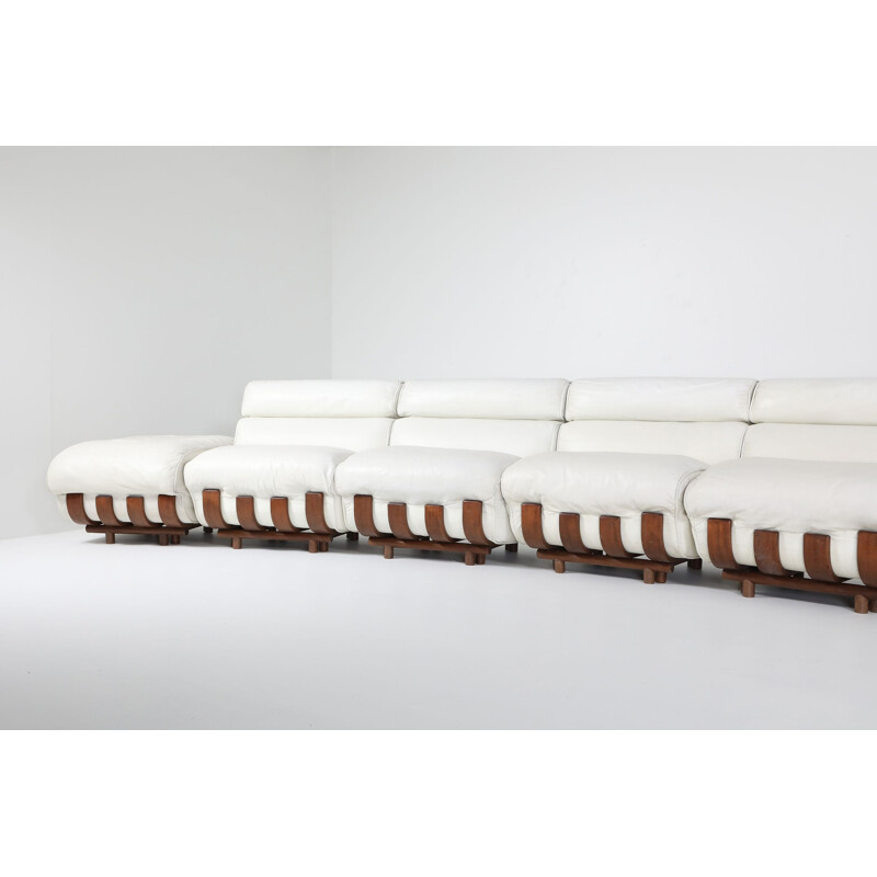 Sectional Sofa in White Leather and Walnut Frame by Frigerio 1980s