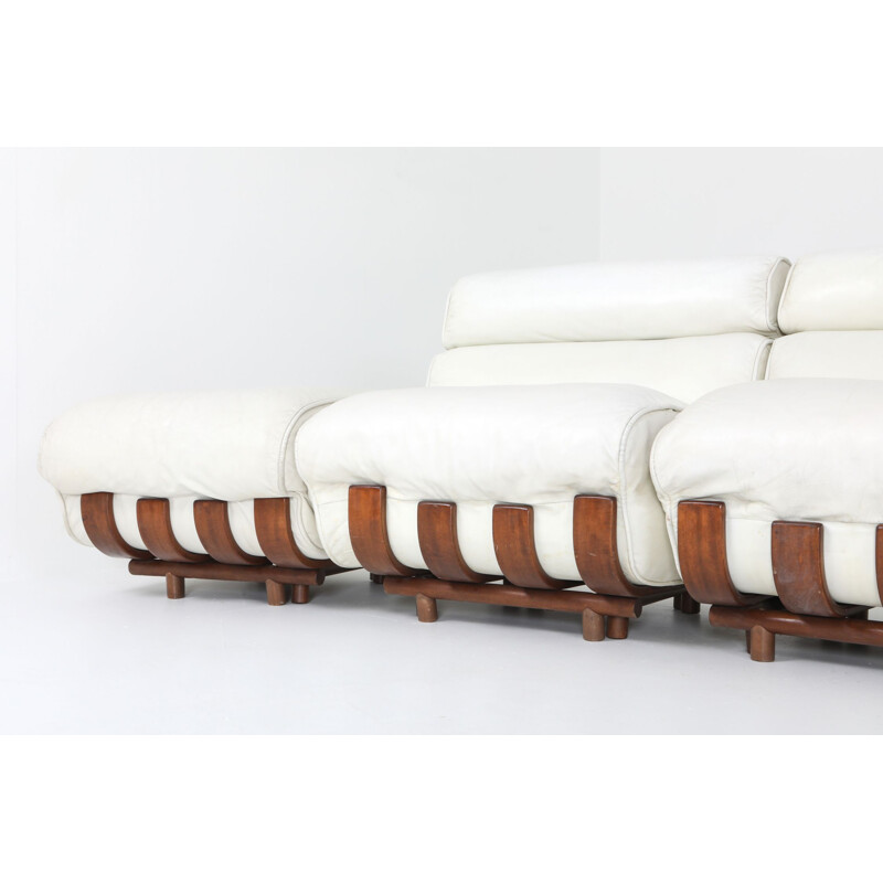 Sectional Sofa in White Leather and Walnut Frame by Frigerio 1980s