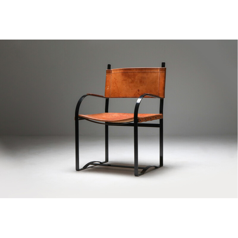 Set of 6 vintage leather armchairs Cognac Belgium 1960