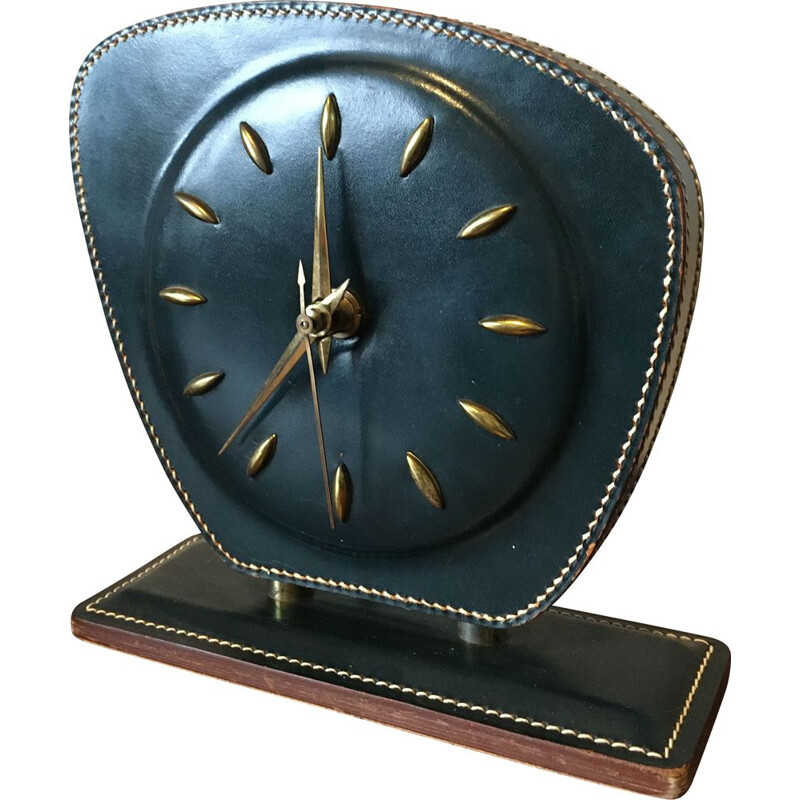 Table or Desk Clock Mid-Century Stitched Leather by Jacques Adnet 1950