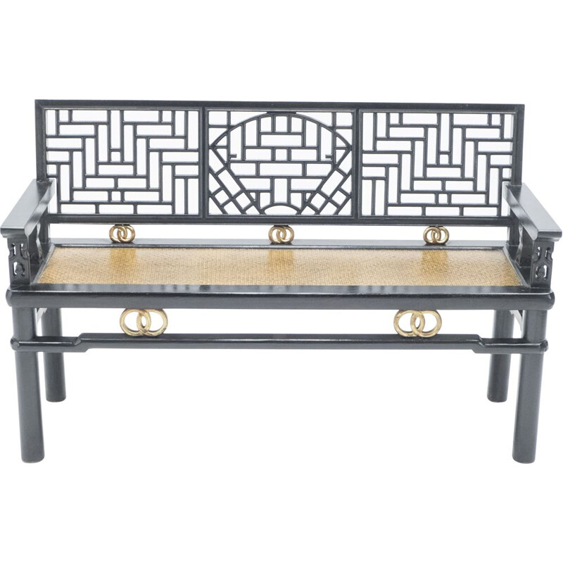 Banc chinois vintage bois laqué noir et dorure 1900