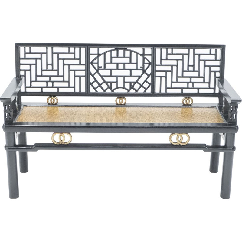 Vintage Chinese bench in black lacquered wood and gold 1900's