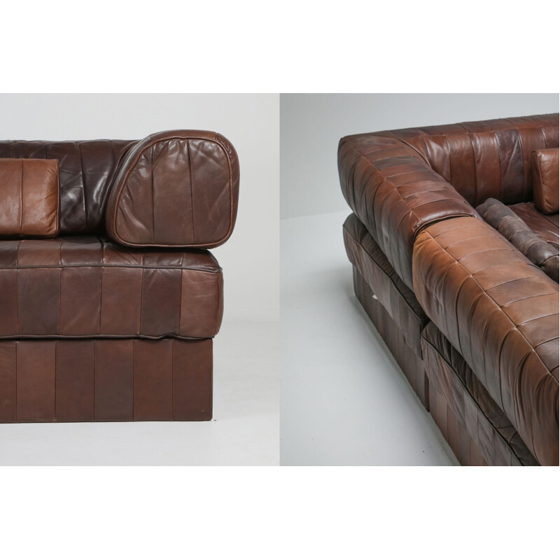 Canapé vintage modulable en patchwork de cuir par De Sede Suisse 1970