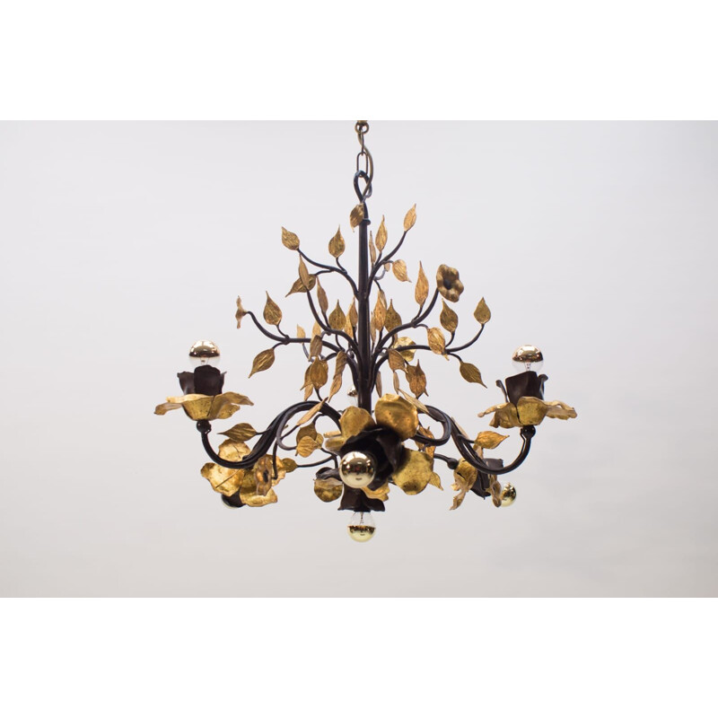 French vintage gilded wrought iron pendant lamp, 1970