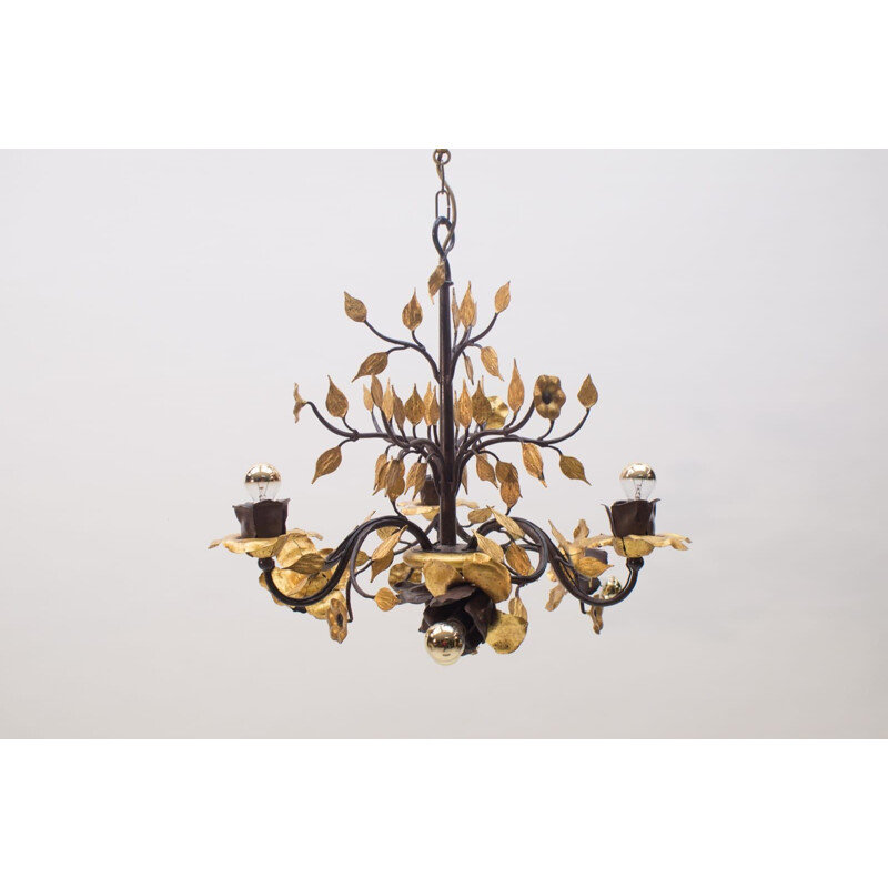 French vintage gilded wrought iron pendant lamp, 1970