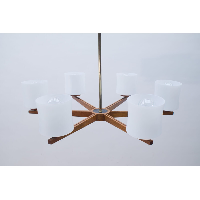 Ceiling Lamp mid century Danish Teak and Opaline Glass, 1960s