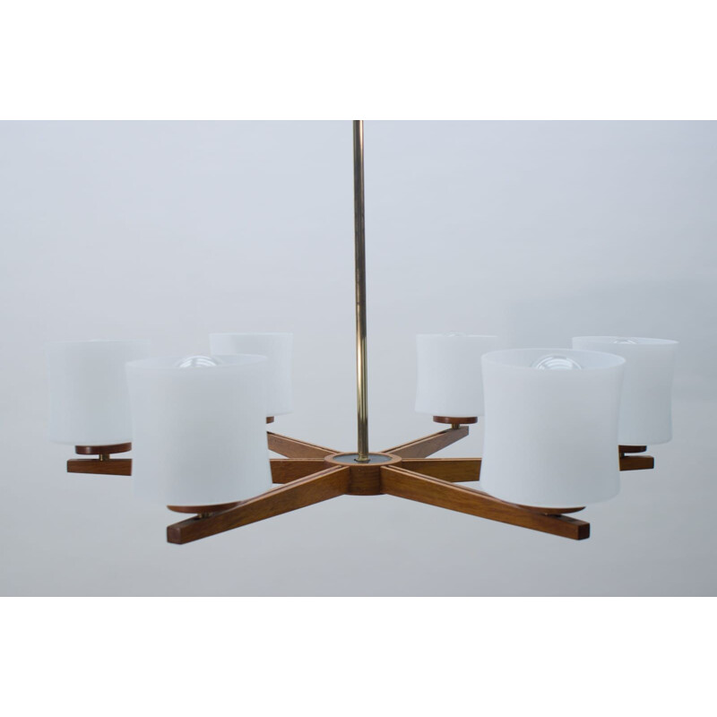 Ceiling Lamp mid century Danish Teak and Opaline Glass, 1960s