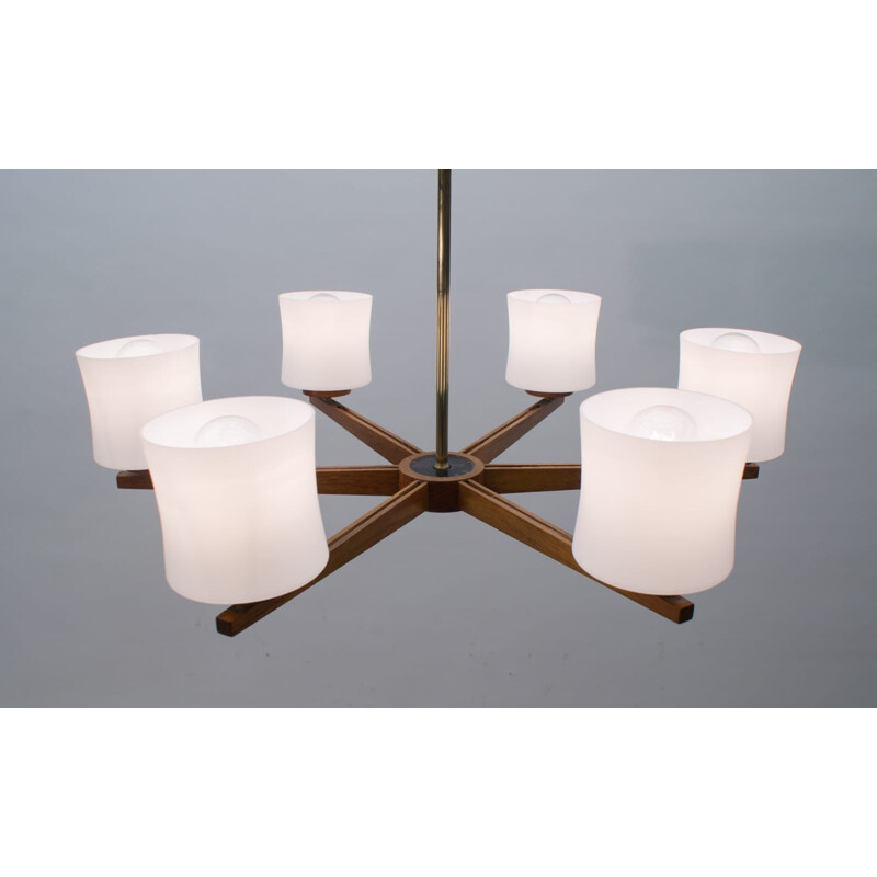 Ceiling Lamp mid century Danish Teak and Opaline Glass, 1960s